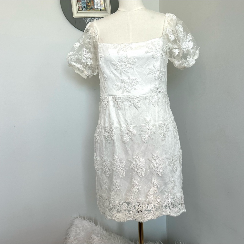 Lulus Avid Admiration White Embroidered Sequin Puff Sleeve Mini Dress Size Large